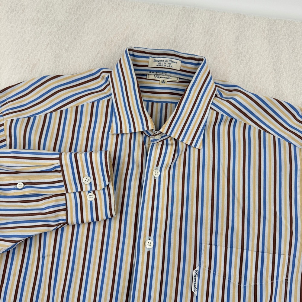 Faconnable Mens Long Sleeve Button Down Size 16 Large Ivory Multicolor Striped